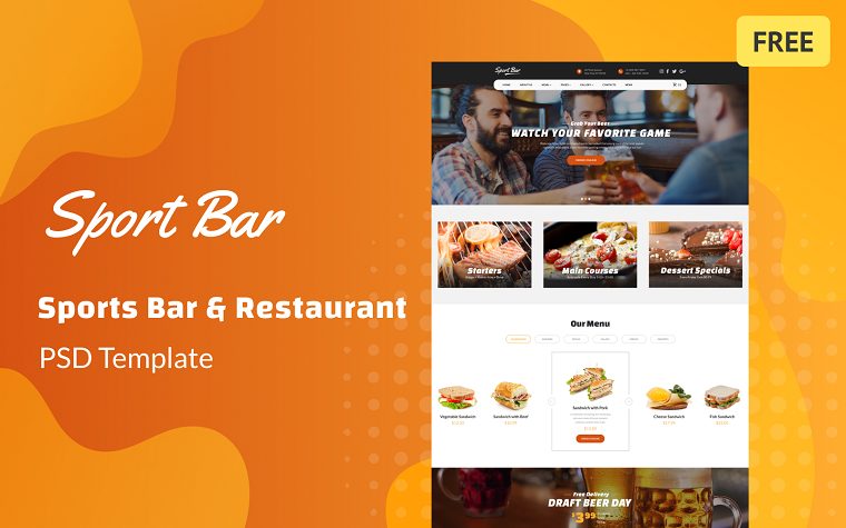 Sports Bar & Restaurant Multipage Free PSD Template.