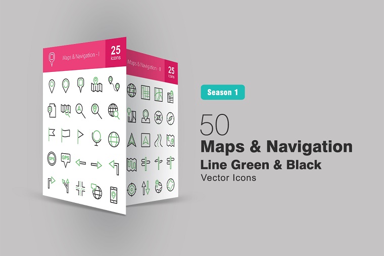 50 Maps & Navigation Line Green & Black Iconset Template