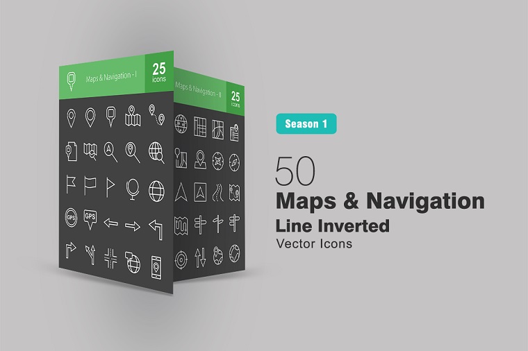 50 Maps & Navigation Line Inverted Iconset Template