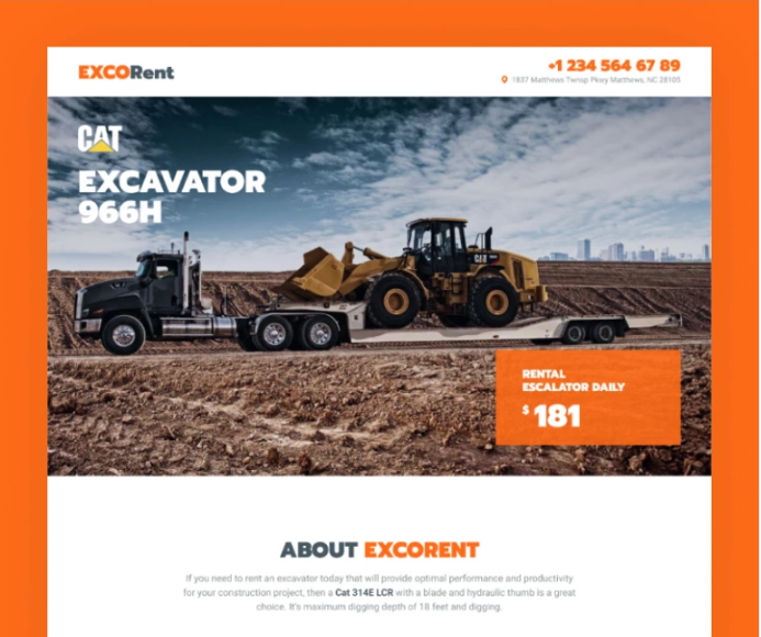 ExcoRent - Equipment Rental Template for Strong Landing Page WordPress Theme﻿