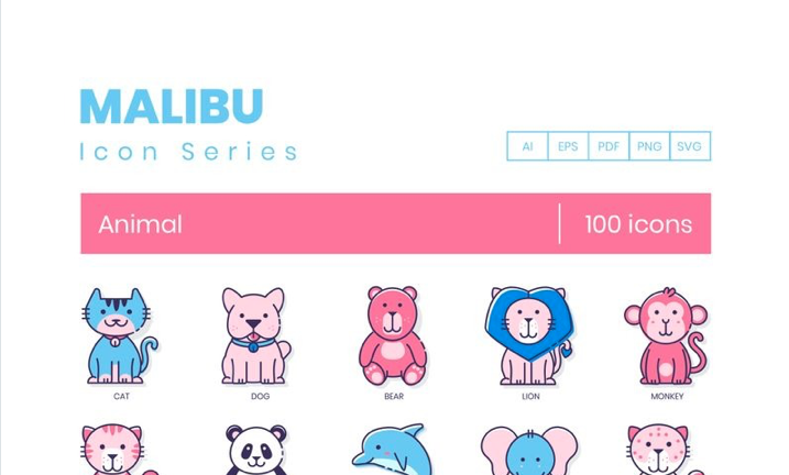 100 Animal Icons - Malibu Series Iconset Template