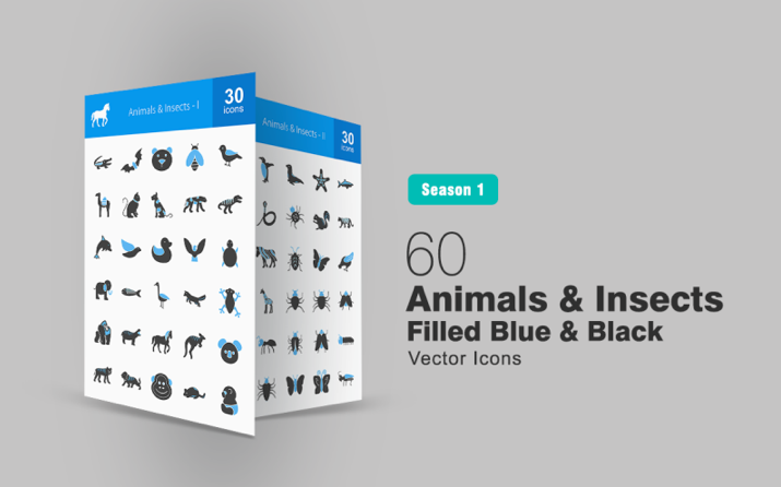 60 Animals & Insects Filled Blue & Black Iconset Template