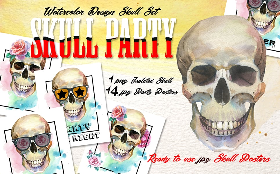 Skull Party Print PNG Watercolor Set Illustration