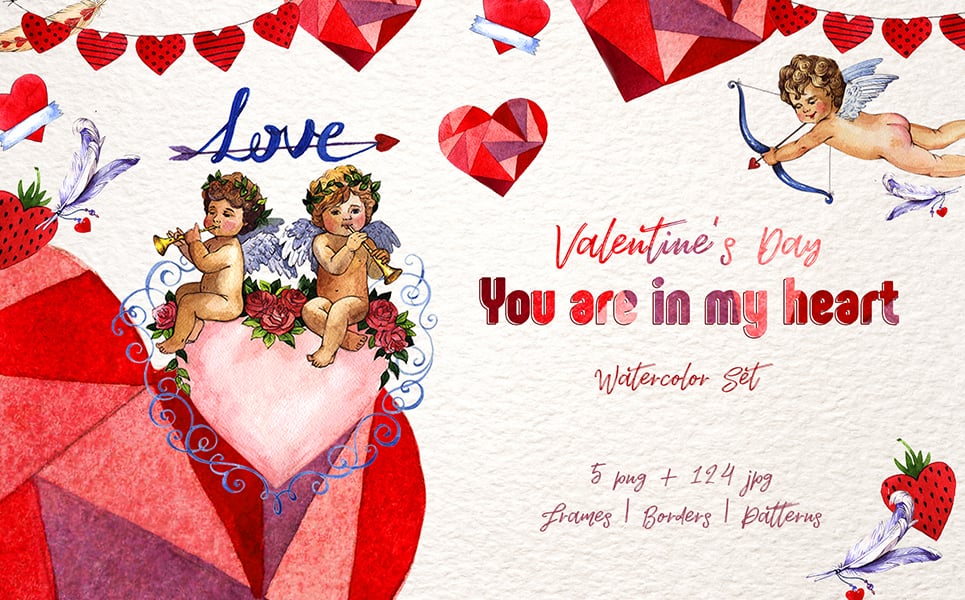Valentines Day PNG Watercolor Set Illustration