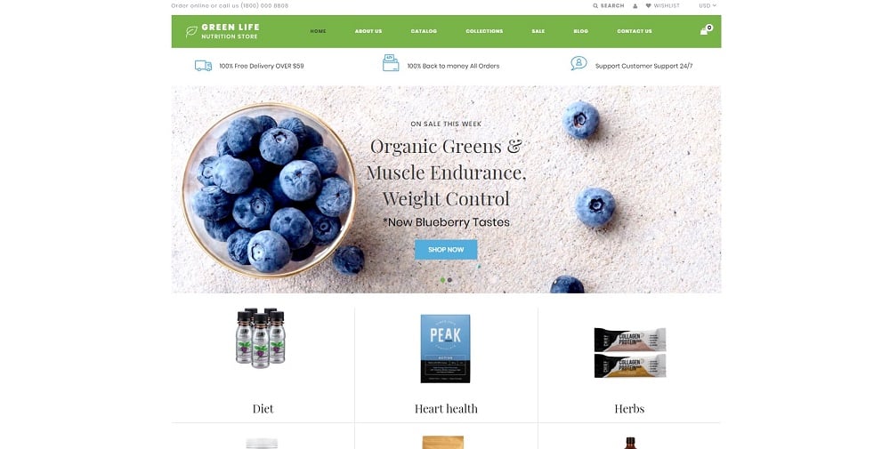 Green Life - Thème Shopify simple pour magasin de nutrition