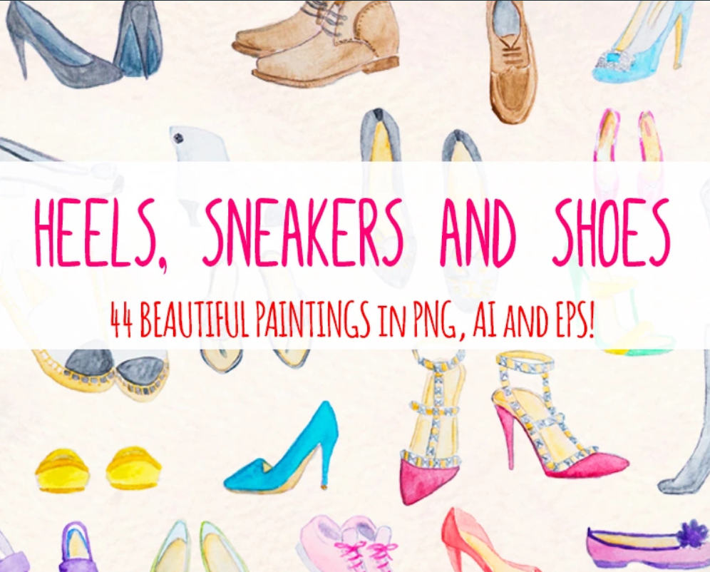 44 Watercolor Heels, Sneakers and Shoe Illustration