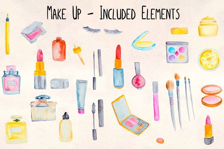 31 Make up and Cosmetics Watercolor Kit Illustration