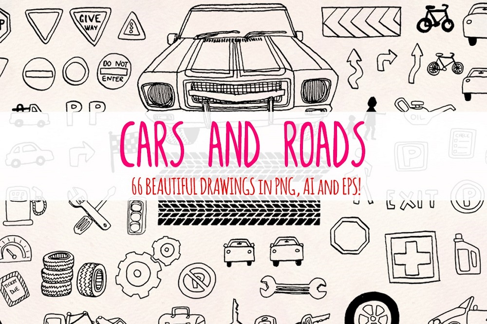 66 Transport - Cars and Road Sketches Illustration