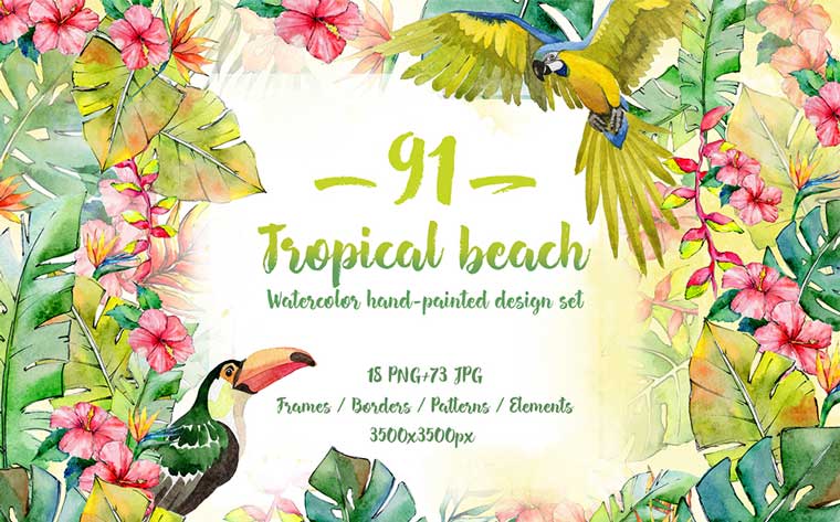 Tropical Beach PNG Watercolor Set Illustration.