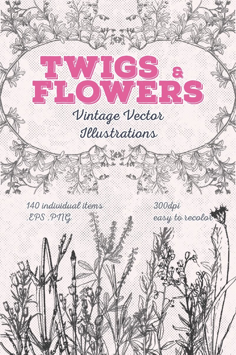 Twigs & Flowers Vintage Vector [140 Items]