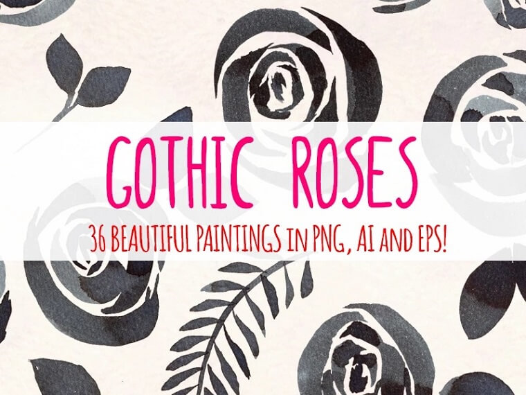 36 Watercolor Gothic Roses Graphics Illustration