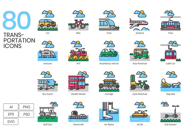 80 Transportation Icons - Aesthetic Series Iconset Template