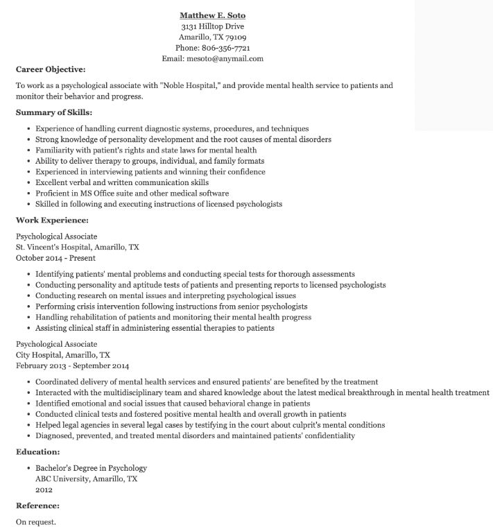objectives of resume psychology