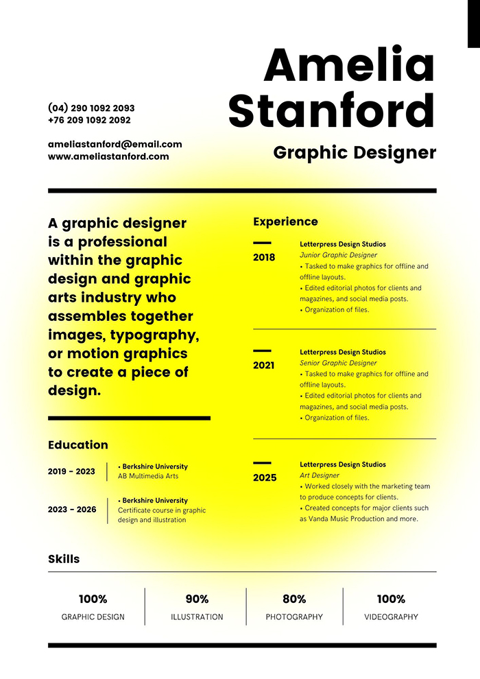 Black and Yellow Graphic Designer Creative Resume