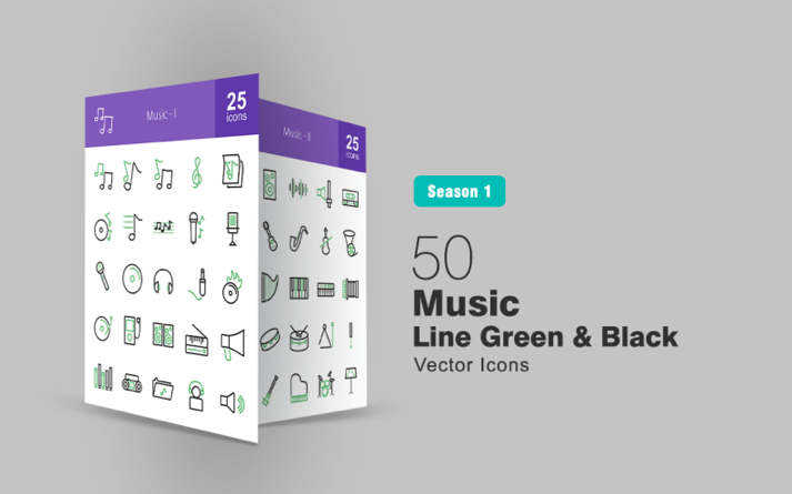 50 Music Line Green & Black Iconset Template
