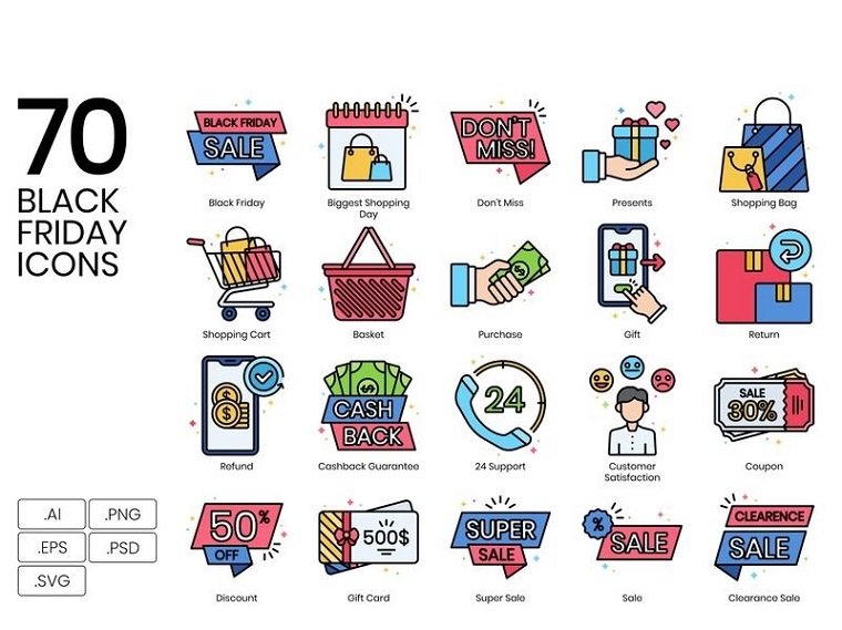 70 Black Friday Icons - Vivid Series Iconset Template