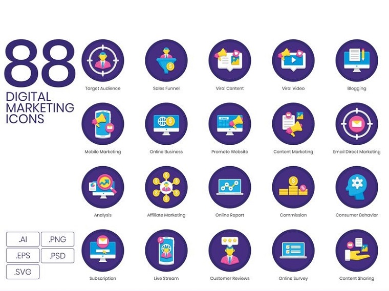 88 Digital Marketing Icons - Orchid Series Iconset Template