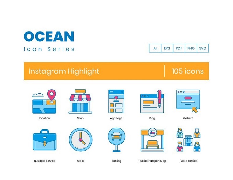 105 Instagram Highlight Icons - Ocean Series Iconset Template