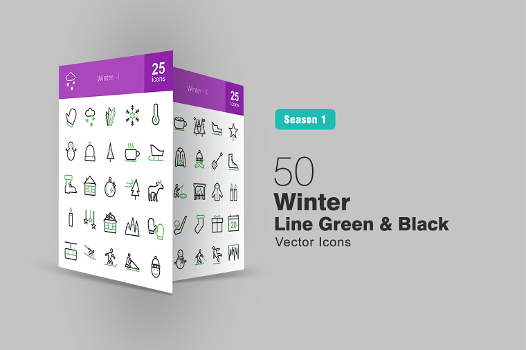 50 Winter Line Green & Black Iconset Template
