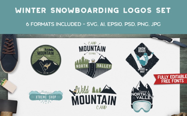Winter Snowboard Patterns Logo Template