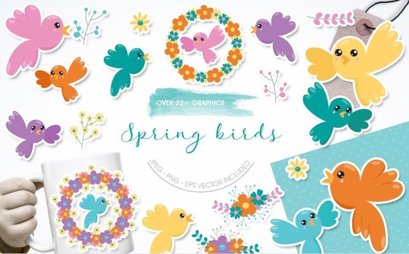 Spring Birds and flowers clipart