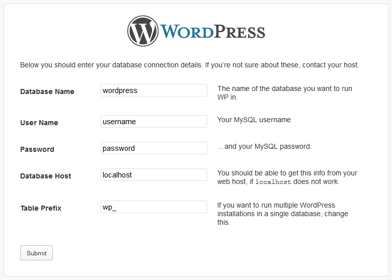 Inserting database details.