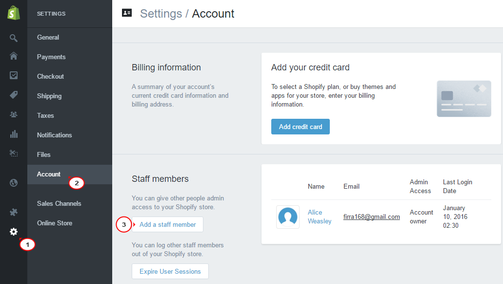 Shopify. How to add an admin user and set permissions to it Template
